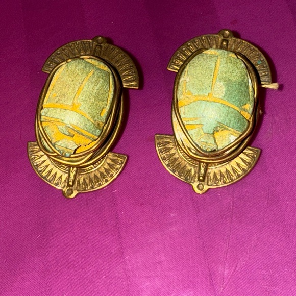 Vintage Gold and Green Statement Earrings faience Beatles - Picture 1 of 2